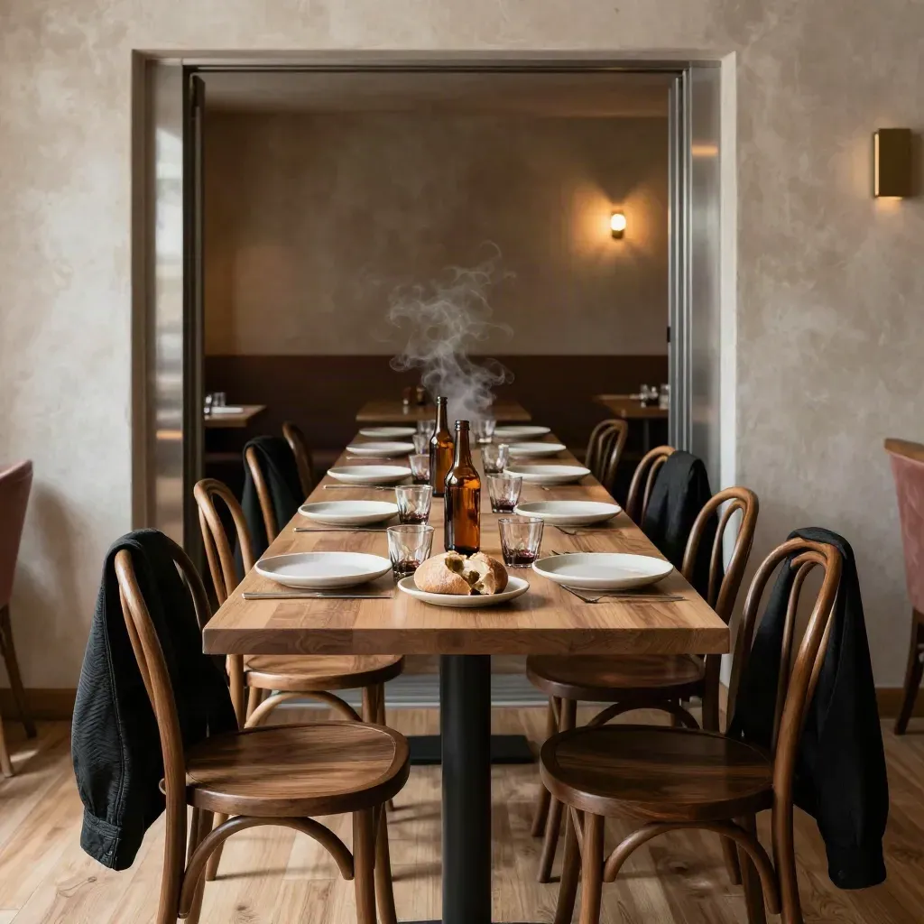 Mesa de taberna con platos compartidos, pan, botellas y chaquetas al fondo en Madrid.
