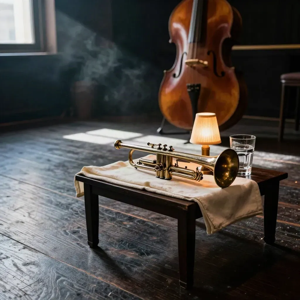 Mesa mínima en un club de jazz de Barcelona con contrabajo, trompeta, vaso y luz cálida.